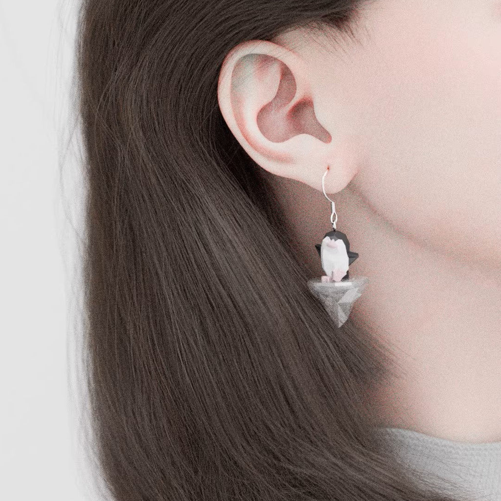 Mismatched Arctic Drift earrings featuring a geometric penguin standing on a floating iceberg and a separate faceted iceberg charm, worn on silver hooks.