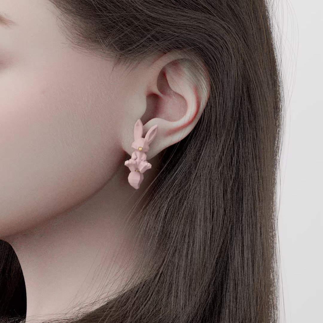 Geometric bunny stud earrings in blush pink and white with gold nose detail on a soft pink background