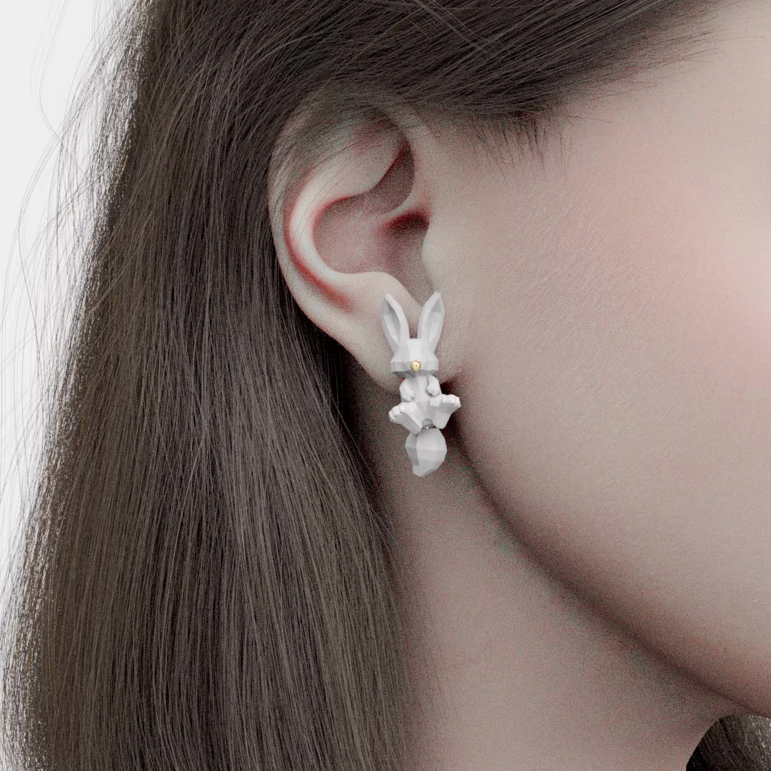 Geometric bunny stud earrings in blush pink and white with gold nose detail on a soft pink background