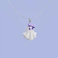 Pastel ghost necklace with lavender bow on sterling silver chain, cute spooky charm jewelry worn on neck