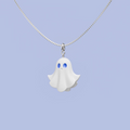 White ghost necklace with blue eyes on sterling silver chain, cute pastel spooky character jewelry
