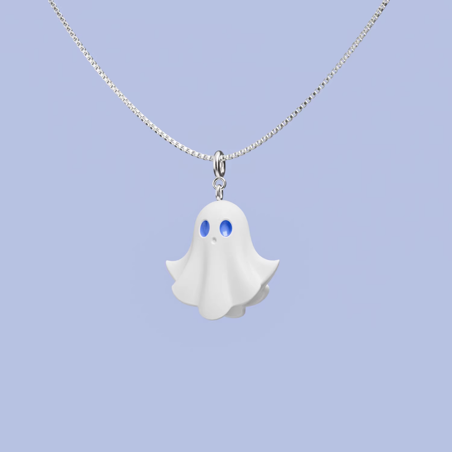 White ghost necklace with blue eyes on sterling silver chain, cute pastel spooky character jewelry