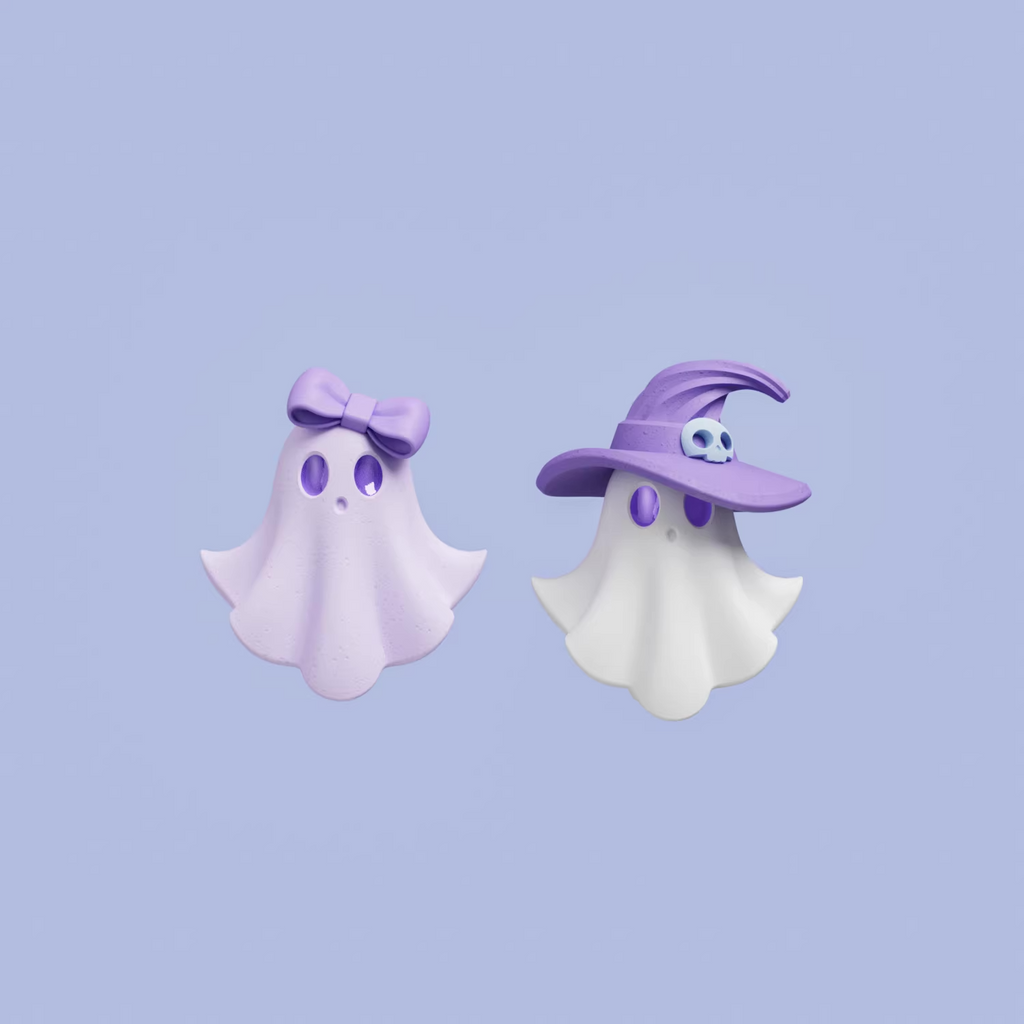Pastel ghost earrings with lavender bow and witch hat details, handmade acrylic spooky cute jewelry on light purple background