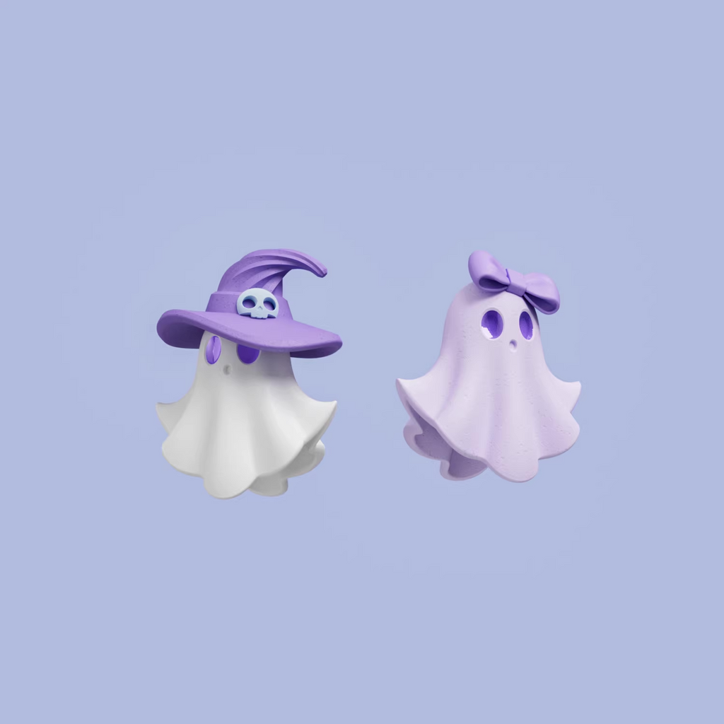 Pastel ghost earrings with lavender bow and witch hat details, handmade acrylic spooky cute jewelry on light purple background
