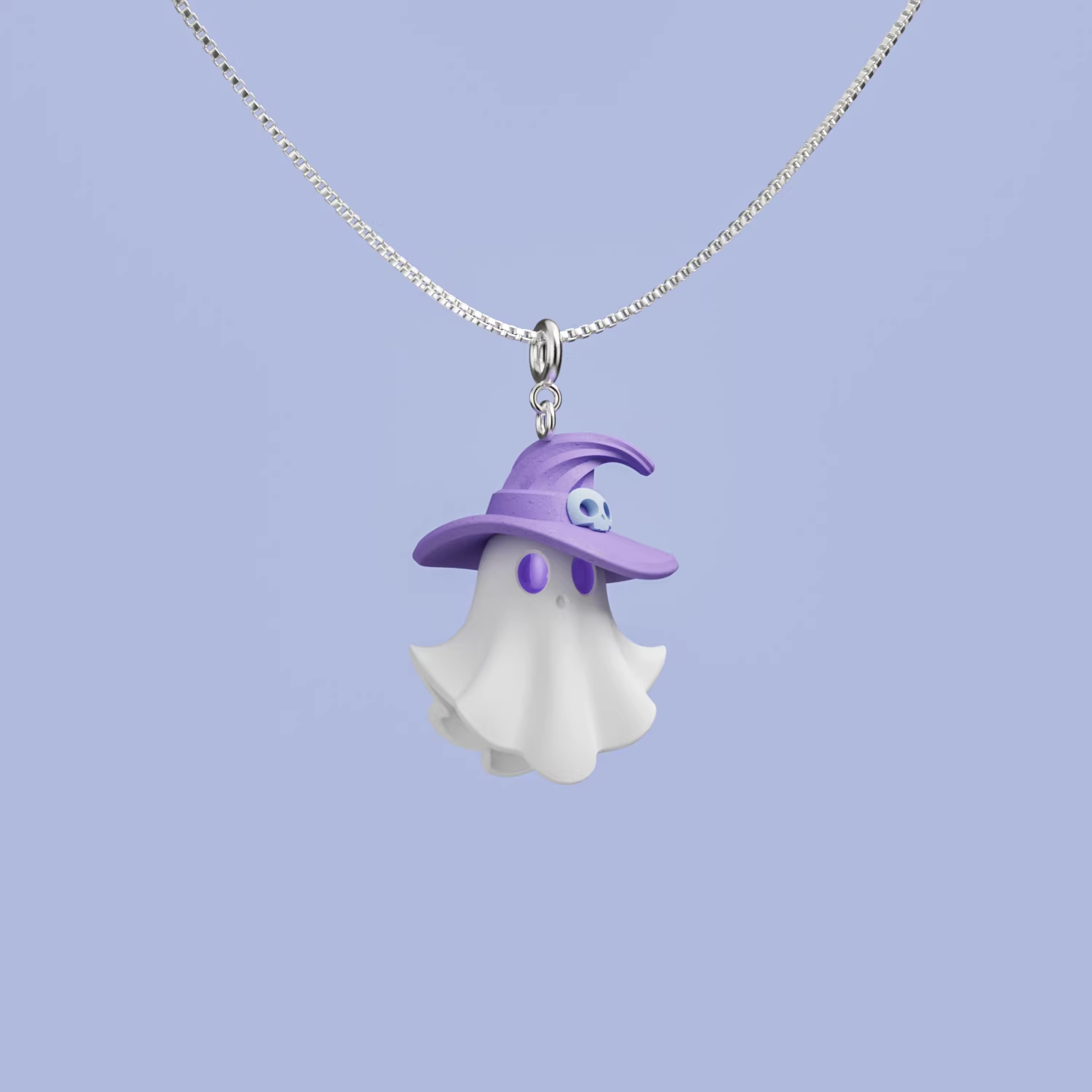 Cute ghost necklace wearing a witch hat, pastel spooky charm on sterling silver chain