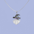 Cute ghost necklace wearing a witch hat, pastel spooky charm on sterling silver chain