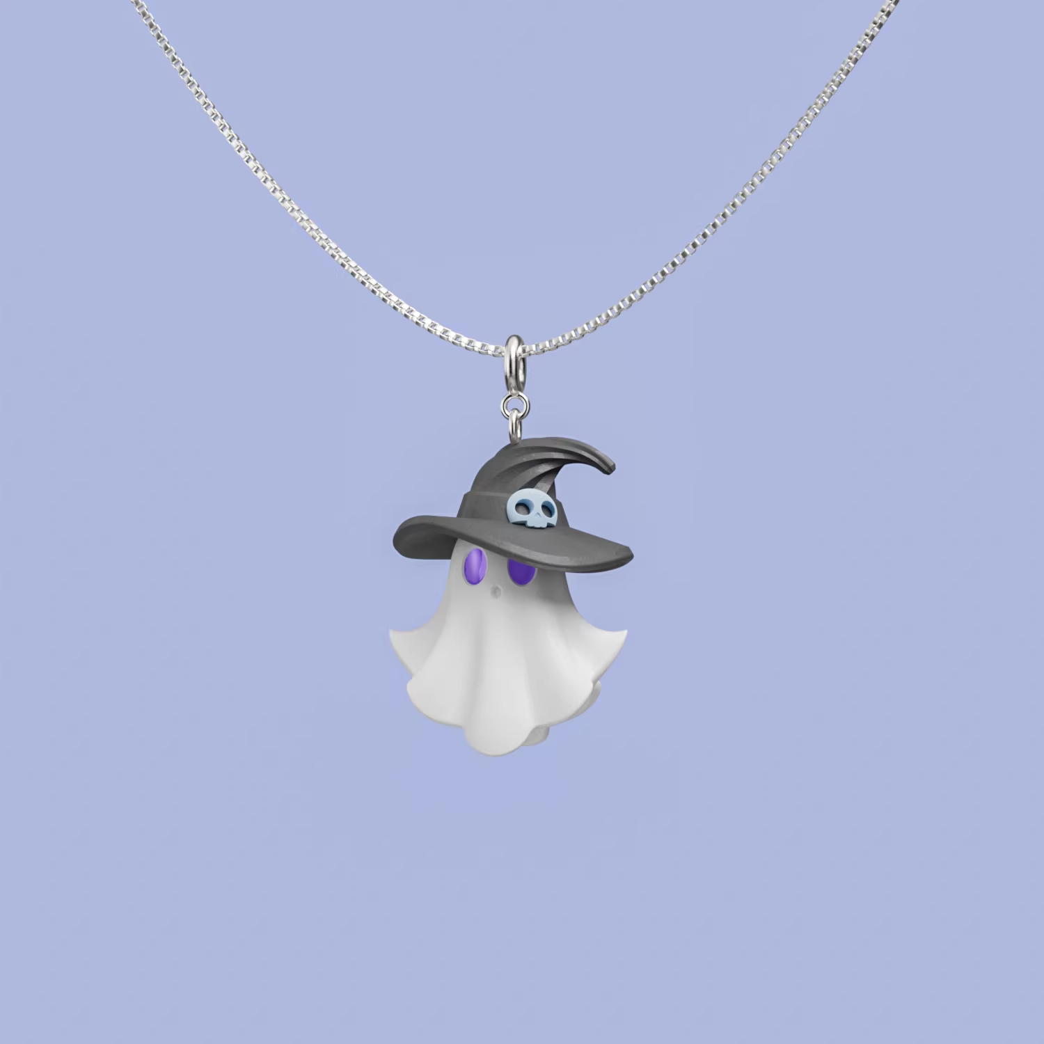Cute ghost necklace wearing a witch hat, pastel spooky charm on sterling silver chain
