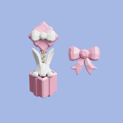 Pastel pink gift box earrings with a white bow and a small bunny figure popping out, cute handmade acrylic jewelry shown from multiple angles