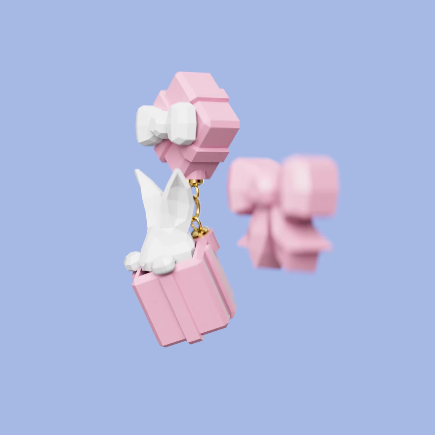 Pastel pink gift box earrings with a white bow and a small bunny figure popping out, cute handmade acrylic jewelry shown from multiple angles