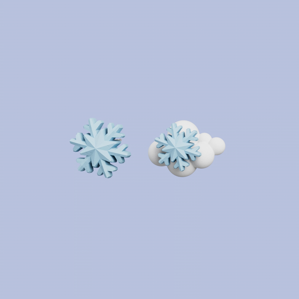 Pastel snowflake cloud stud earrings, handmade minimalist winter jewelry in soft blue and lavender tones