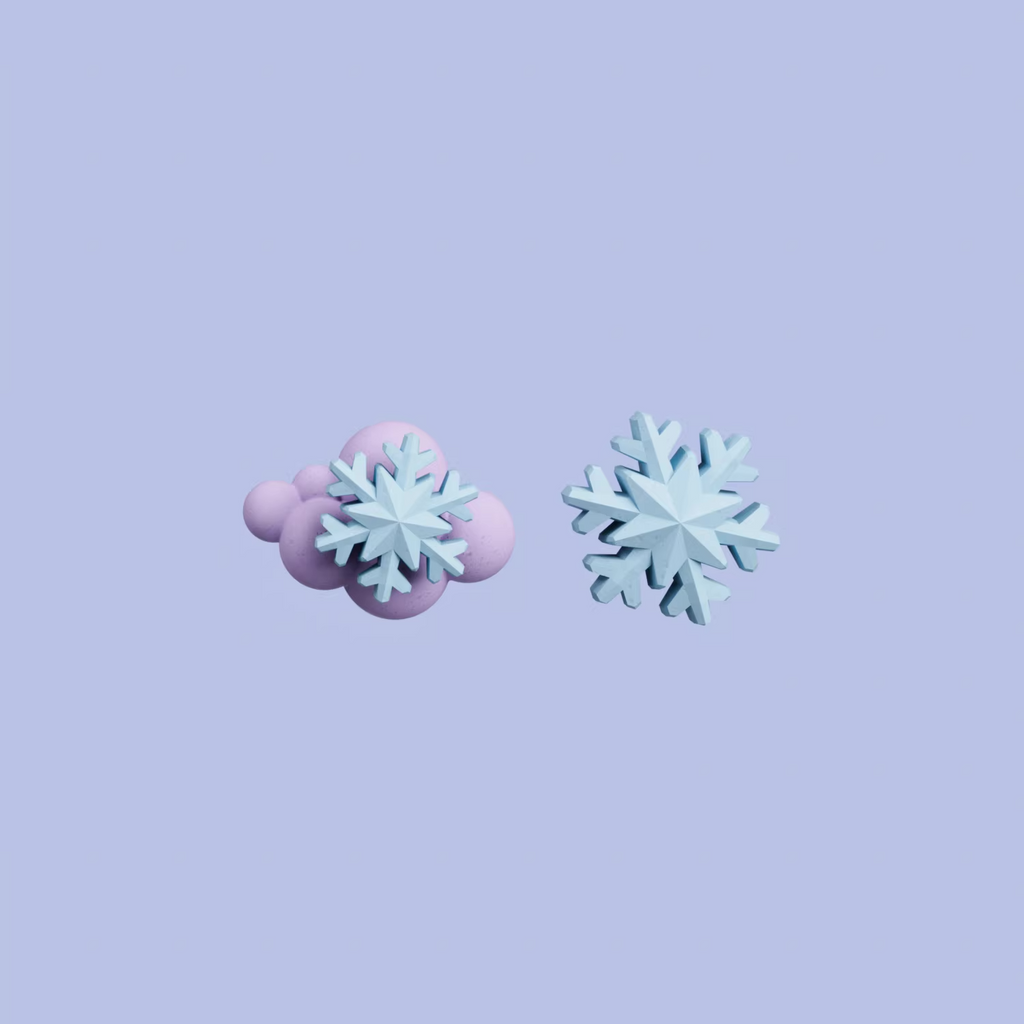 Pastel snowflake cloud stud earrings, handmade minimalist winter jewelry in soft blue and lavender tones