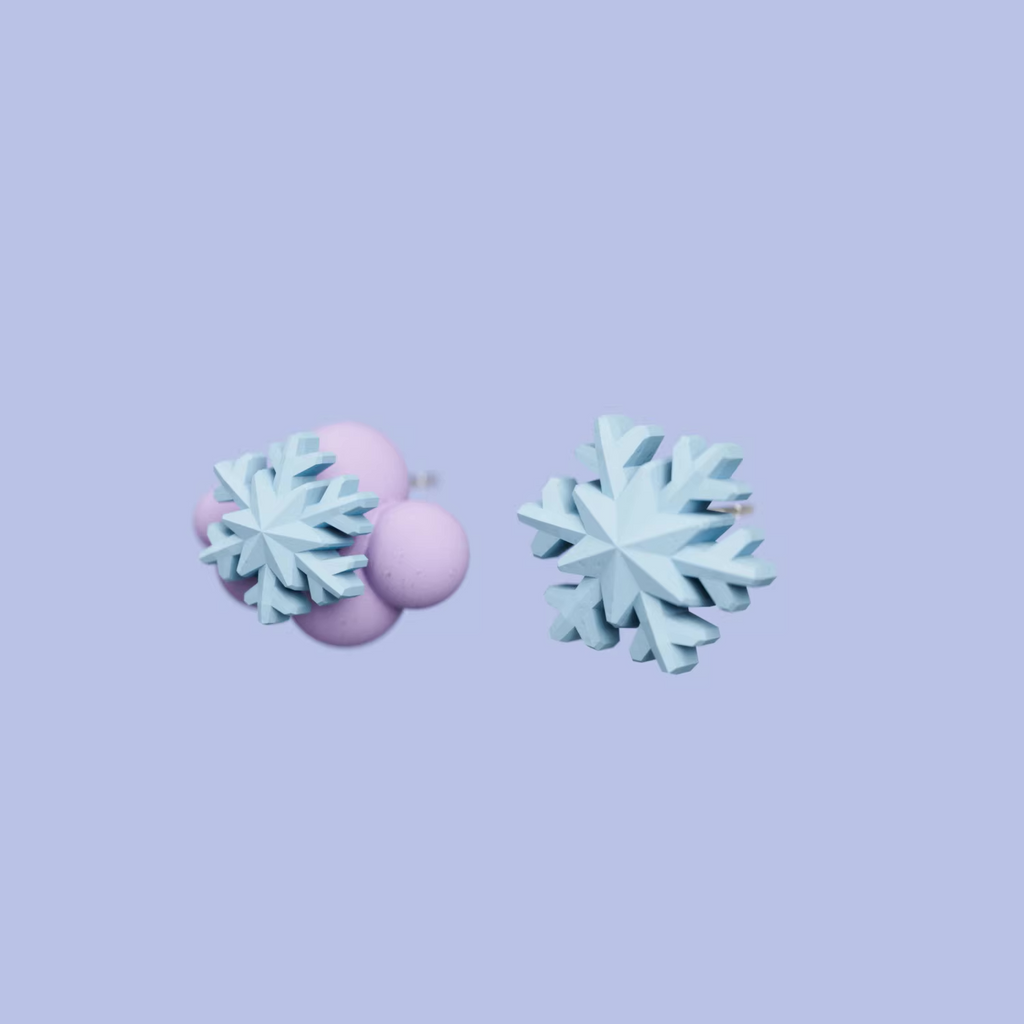 Pastel snowflake cloud stud earrings, handmade minimalist winter jewelry in soft blue and lavender tones
