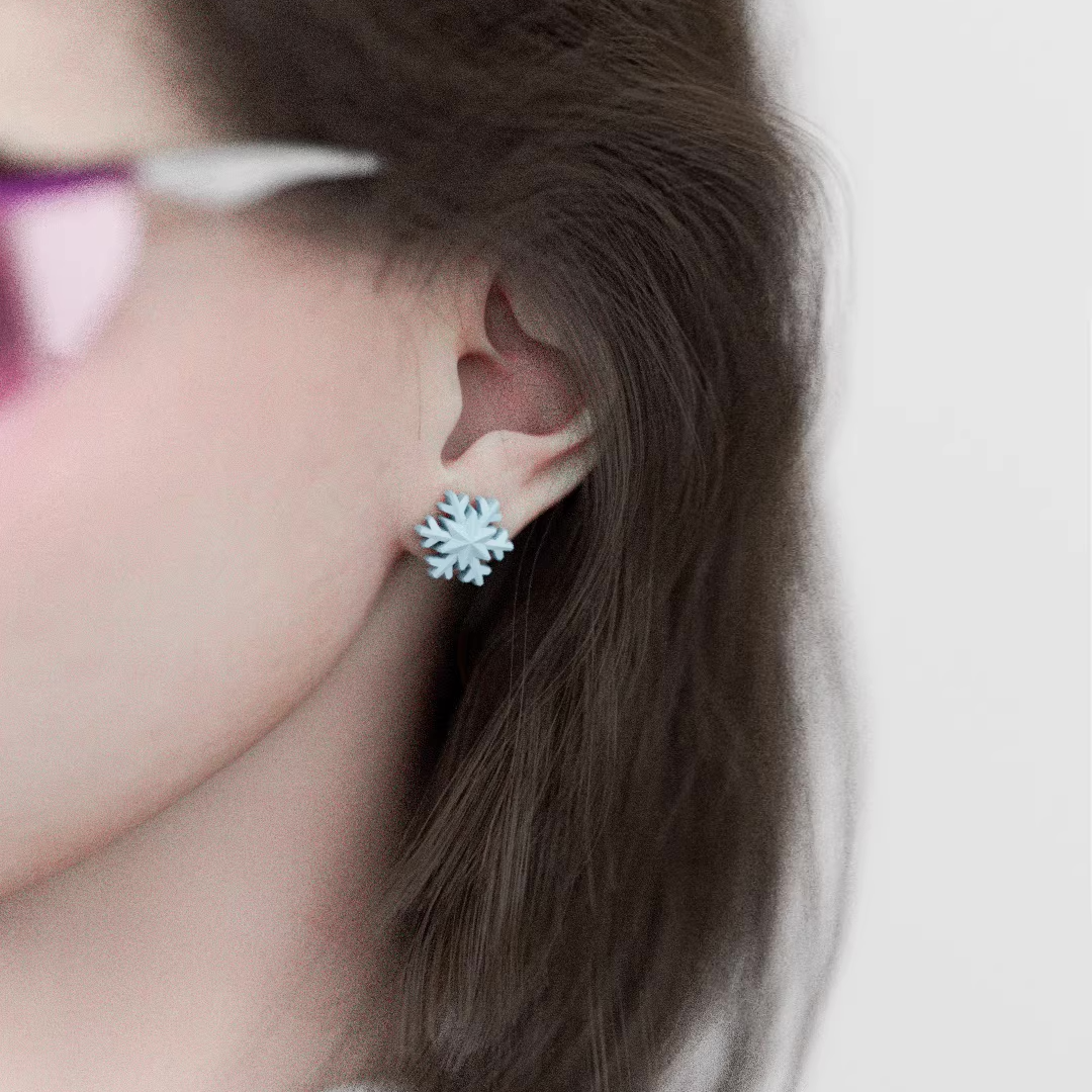 Pastel snowflake cloud stud earrings, handmade minimalist winter jewelry in soft blue and lavender tones