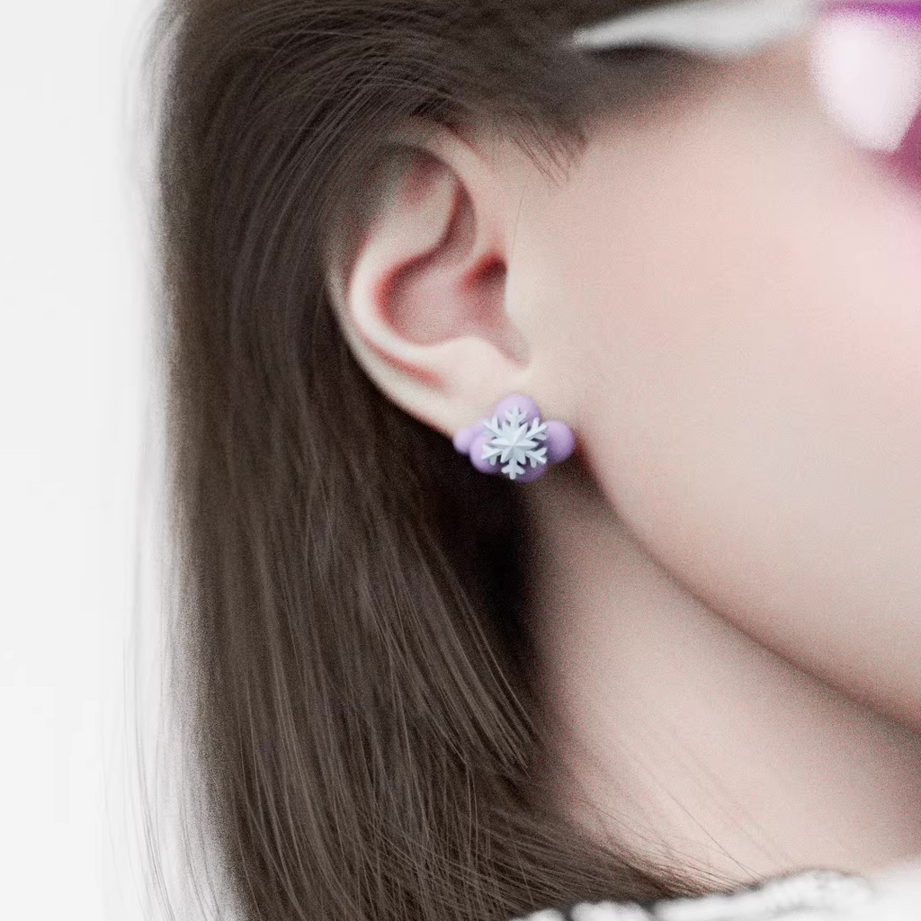 Pastel snowflake cloud stud earrings, handmade minimalist winter jewelry in soft blue and lavender tones