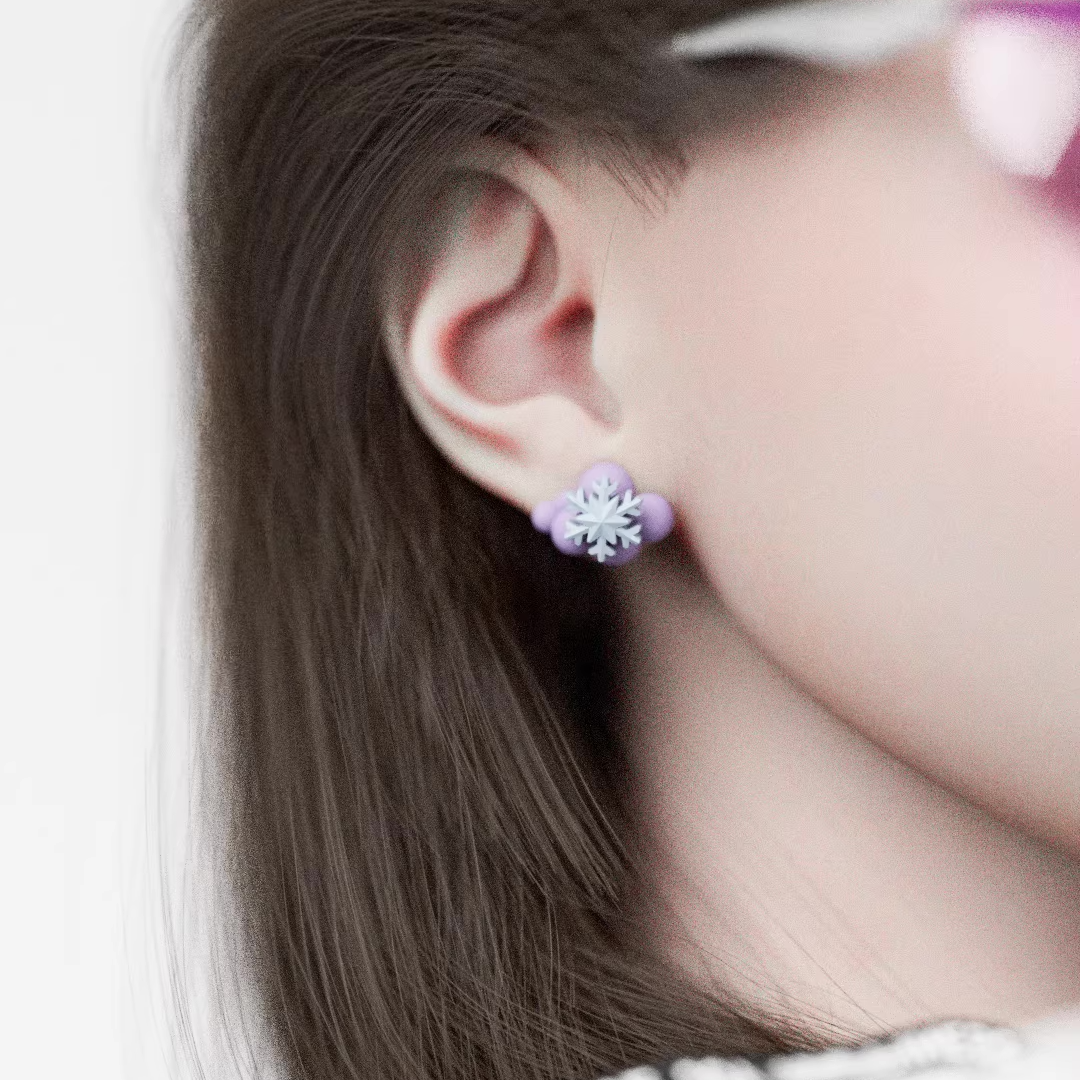 Pastel snowflake cloud stud earrings, handmade minimalist winter jewelry in soft blue and lavender tones