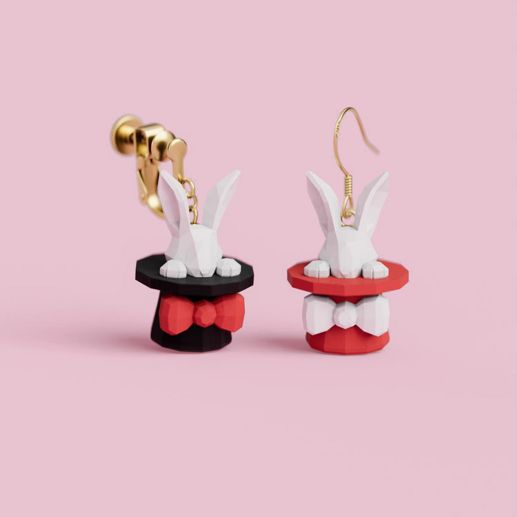 Handmade bunny character necklace featuring a white rabbit popping out of a magician’s hat, crafted from acrylic and resin, hanging on a sterling silver chain against a pastel background.