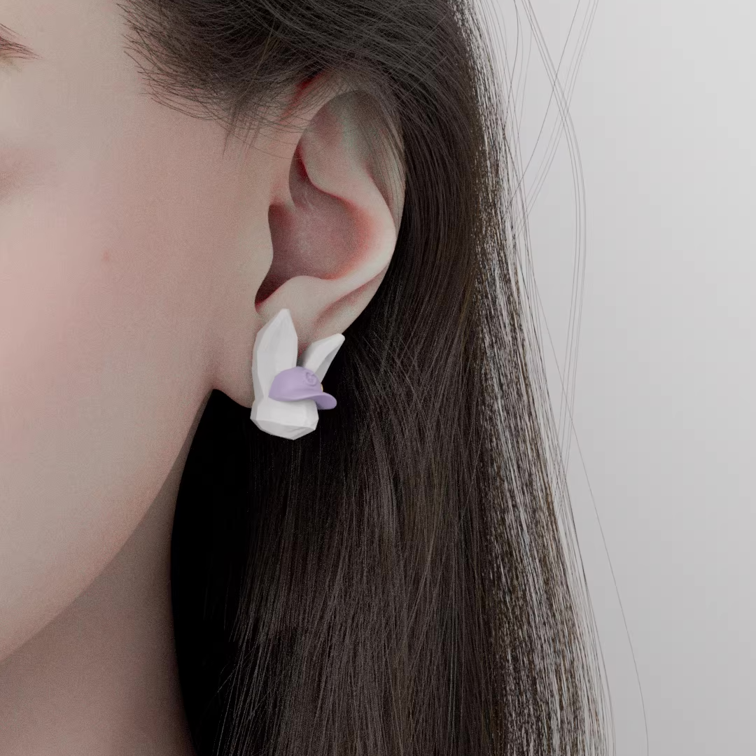 Cute bunny character jewelry featuring a white bunny wearing a lavender cap and holding a tennis racket, handmade pastel earrings and necklace with a playful, whimsical design.