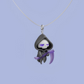 Cute reaper necklace with pastel purple scythe, handmade acrylic spooky pendant on silver chain, kawaii gothic jewelry on light purple background