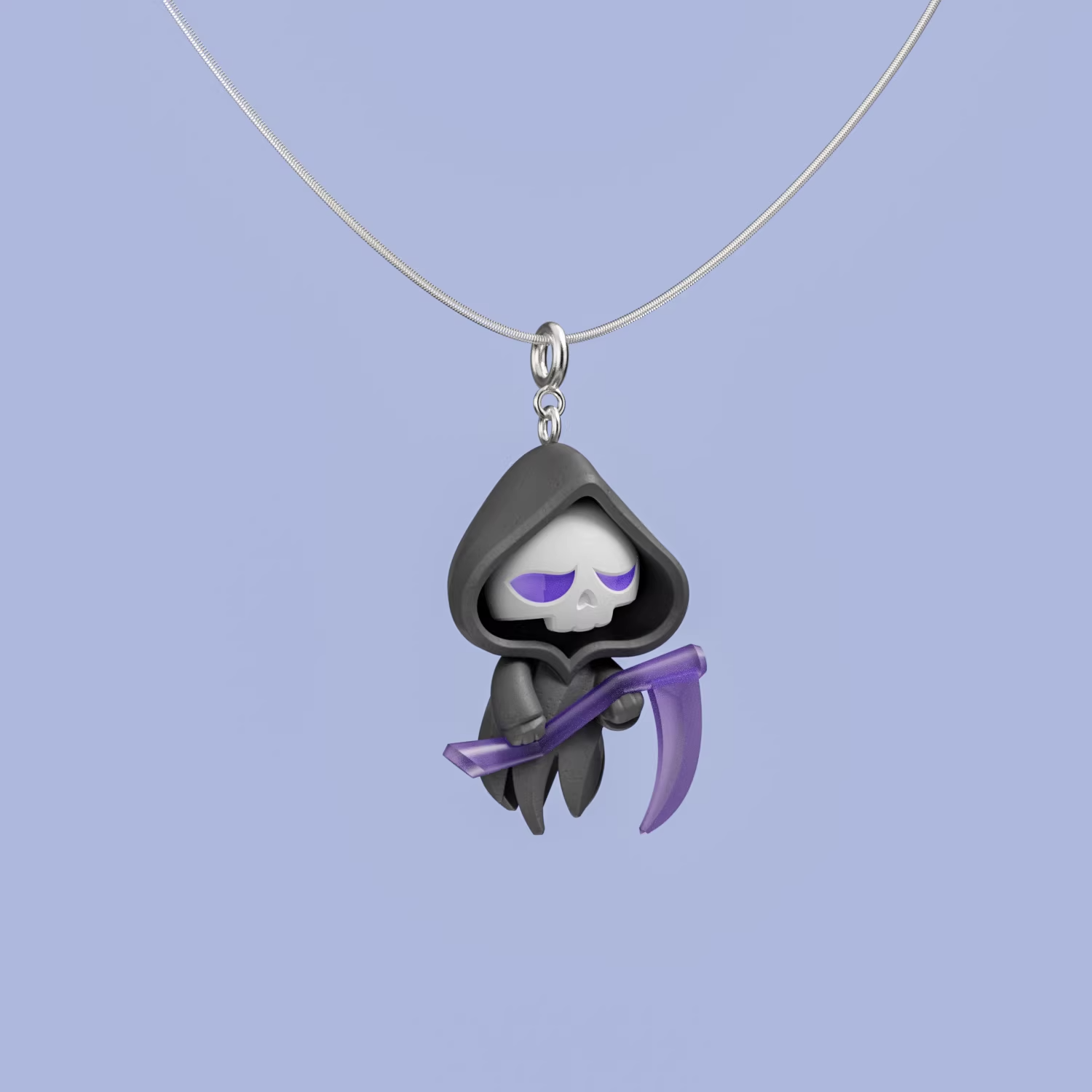 Cute reaper necklace with pastel purple scythe, handmade acrylic spooky pendant on silver chain, kawaii gothic jewelry on light purple background