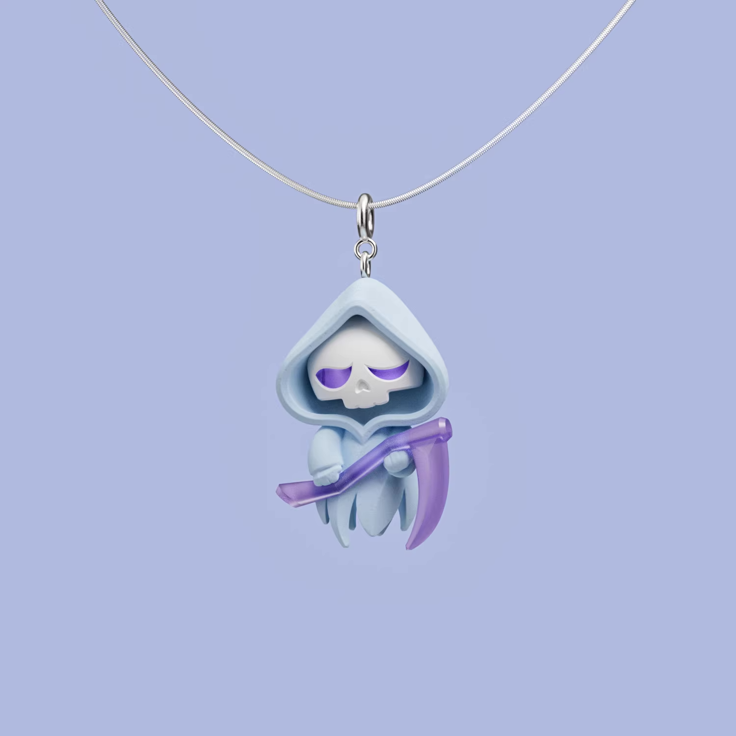 Cute reaper necklace with pastel purple scythe, handmade acrylic spooky pendant on silver chain, kawaii gothic jewelry on light purple background