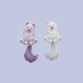 Cute Pomeranian character earrings in pastel colors with fluffy dog design and flowing tail, lightweight handmade jewelry worn on ear.