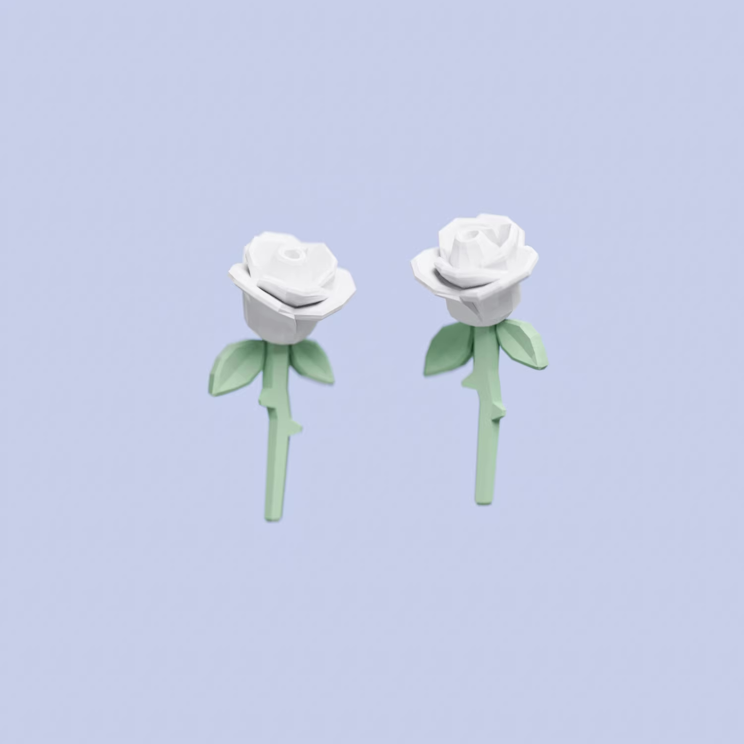Handmade rose stud earrings featuring sculpted acrylic roses with green stems, lightweight pastel floral jewelry on a soft background.
