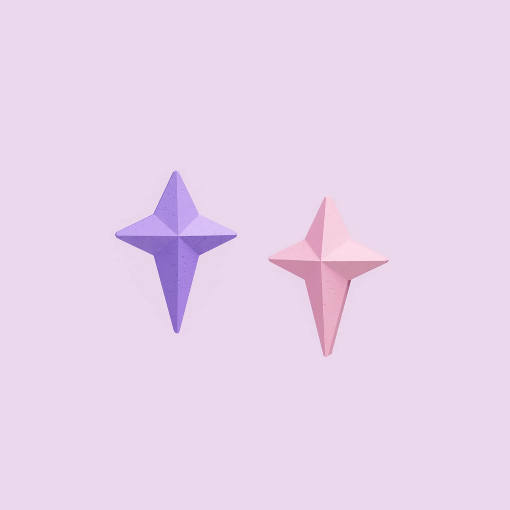 Pastel star stud earrings in soft pink and lavender colors, handmade acrylic jewelry worn on ear, minimalist kawaii style