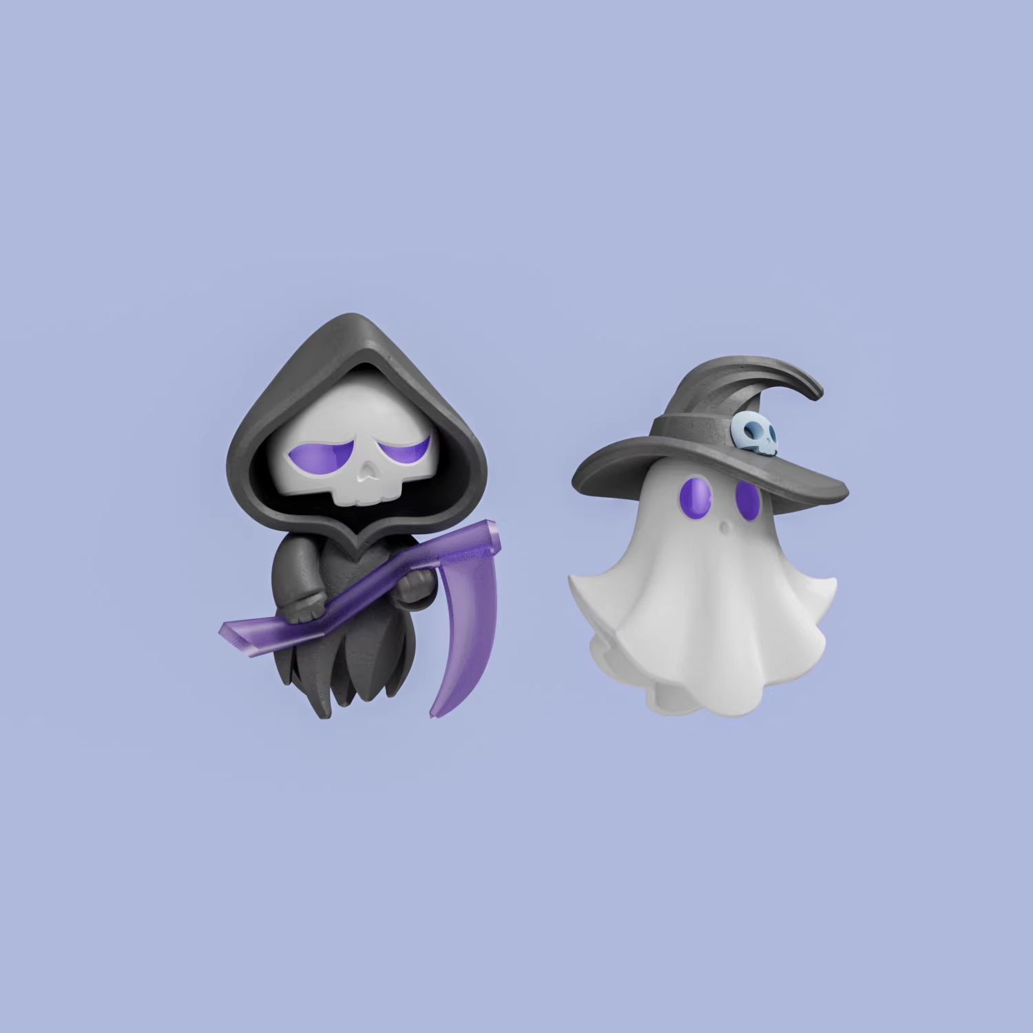 Cute ghost-shaped acrylic earrings featuring a witch ghost and a reaper ghost with pastel purple details, worn as playful statement jewelry