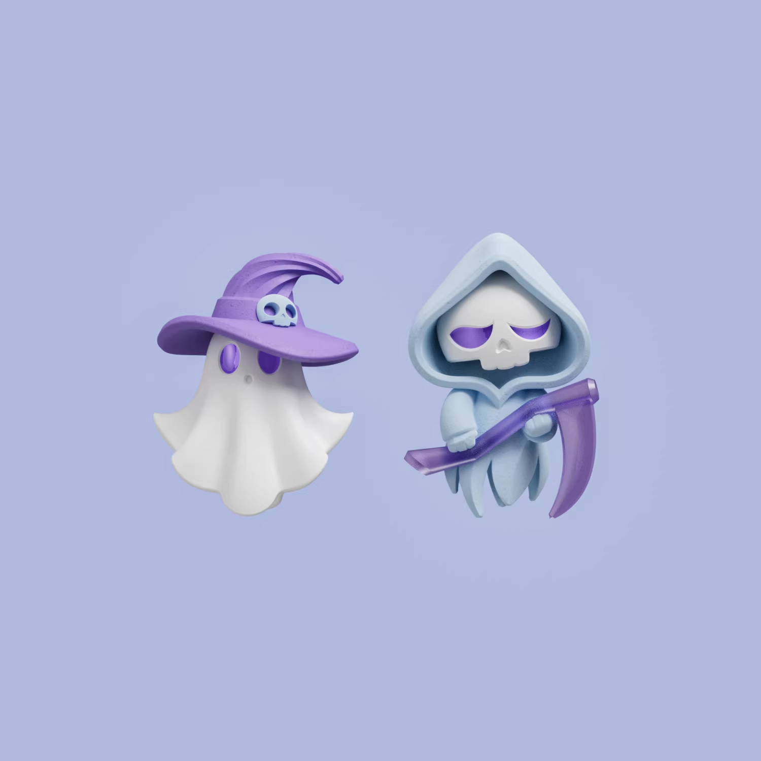 Cute ghost-shaped acrylic earrings featuring a witch ghost and a reaper ghost with pastel purple details, worn as playful statement jewelry