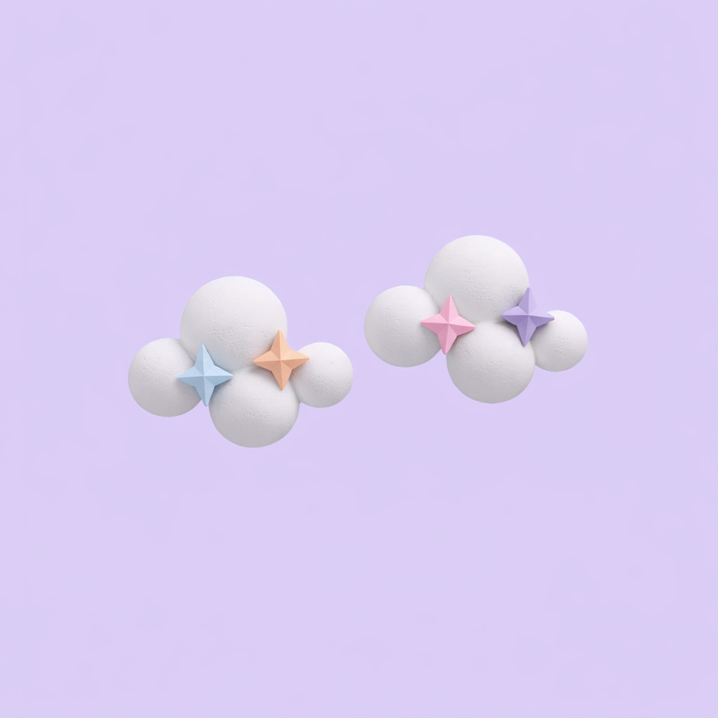 Pastel cloud-shaped acrylic earrings with small star details, lightweight resin jewelry worn on ear for size reference